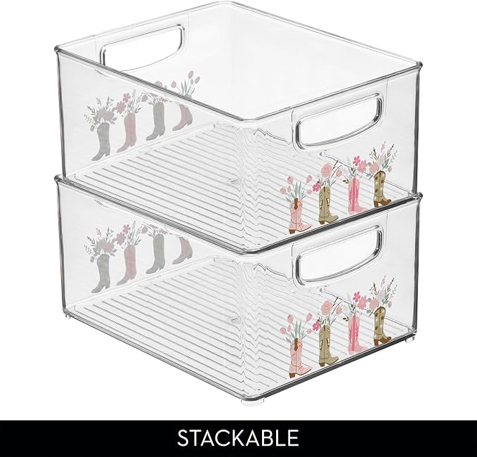 iDesign Bathroom Organizer Bin, Clear/Western | Decorative Print, Stackable, Plastic Storage Basket, For Makeup & Vanity Organization