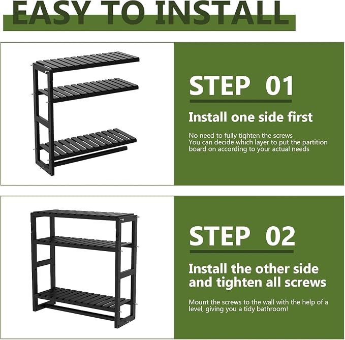 Galood Over The Toilet Storage Bathroom Shelves Wall Mounted 3 Tier Space Saver Corner Shelf Organizer Bamboo Towel Rack Toilet Paper Cabinet with Hanging Rod Black Sets