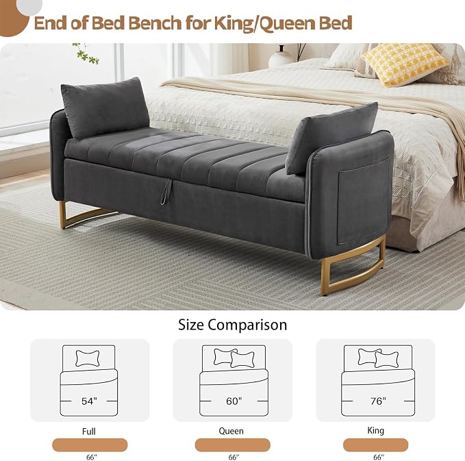 66" King Size End of Bed Storage Bench, Storage Benches for Bedroom Foot of Bed, Upholstered Storage Ottoman Bench with Golden Legs and Pillow for Living Room Window Entryway, Velvet Dark Grey