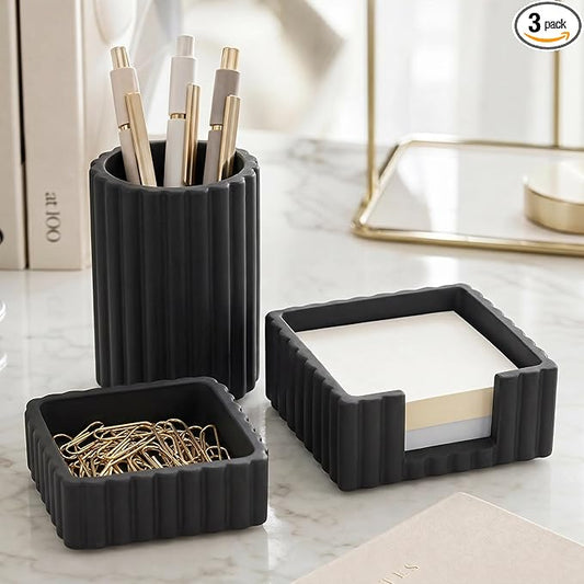 Aesthetic Desk Organizer Set of 3 For Your Office - Sturdy Concrete Desktop Accessories For Women Enhance Any Office Decor - Set incl. Pen Holder, Paperclip Storage & Sticky Note Holder for Teacher