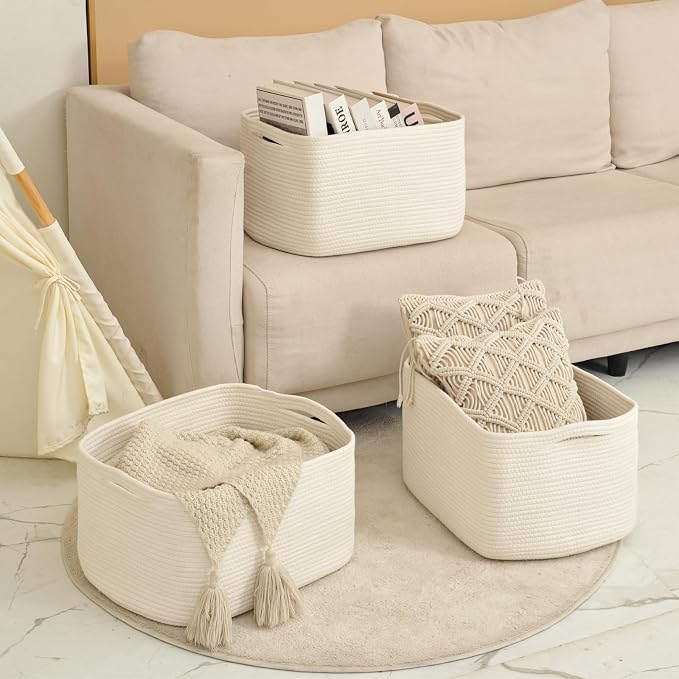 ICERZCZ Large Storage Baskets for Organizing Shelves, Woven Cotton Rope Bins for Baby Nursery Organization, Book Toy Towel Organizer, 17"x13"x9.5", 3 Packs, Off White
