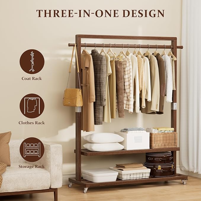 Solid Wood Clothes Rack with Wheels 3-in-1 Garment Rack Extra Long Rod 2 Shelves