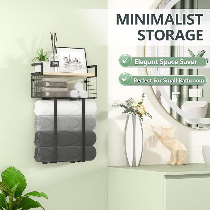 Xstydes Towel Racks for Bathroom, Metal Towel Holder with Storage Basket,Wall Towel Rack for Rolled Towels, Towel Storage for Small Bathroom.