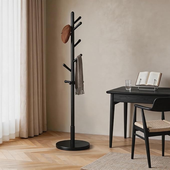 Solid Wood Coat Rack Freestanding with 9 Hooks - Wooden Coat Rack Stand for Entryway, Bedroom, Living Room, Hallway for Coats, Handbags, Hat(Black)