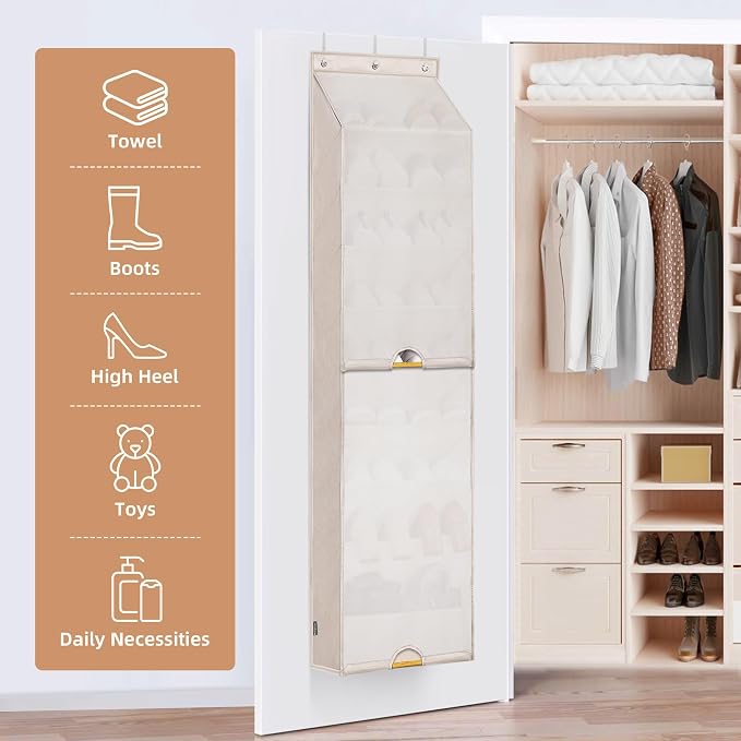 STORAGE MANIAC Over the Door Shoe Organizer with Curtain Dustproof Heavy-Duty Large Deep Pocket Hanging Shoe Organizer for Closet Dorm & Narrow Door Storage Shoe Holder Shoe Rack, 9-Shelf Beige 1 Pack