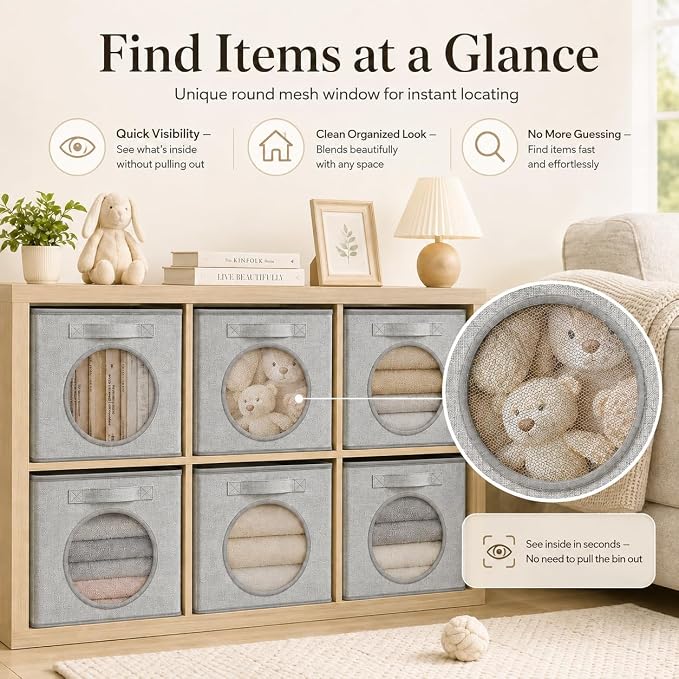 Fabric Storage Cubes with Mesh Window, 11'' Cube Storage Bin, Gray, 4 Pack | See through Round Window, Foldable Odor-Free & Sturdy PP Structure, Cubby Baskets for Closet, Shelves, Bedroom and Offices