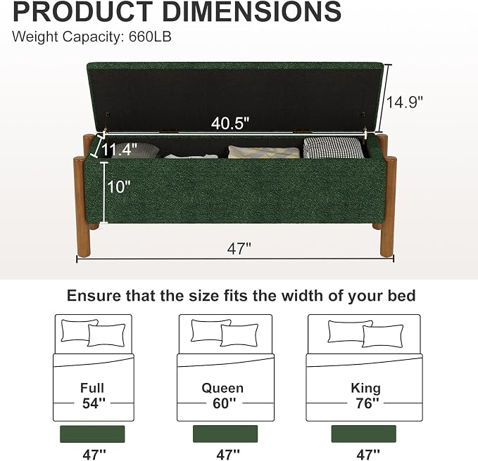 47" Storage Ottoman Bench, Boucle Upholstered End of Bed Bench for Bedroom, Entryway Shoe Bench with Large Storage Space, Heavy Duty Padded Foot Rest Stool Blanket Chest for Living Room, Green