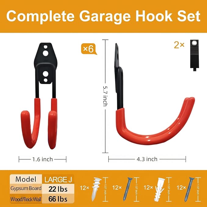 Garage Hooks, 6 Pack Large Round Wall Hooks for Hanging Heavy Duty Ladders, Bikes, Tools Ideal for Garage, Garden, Basement Utility Room Storage (Orange)