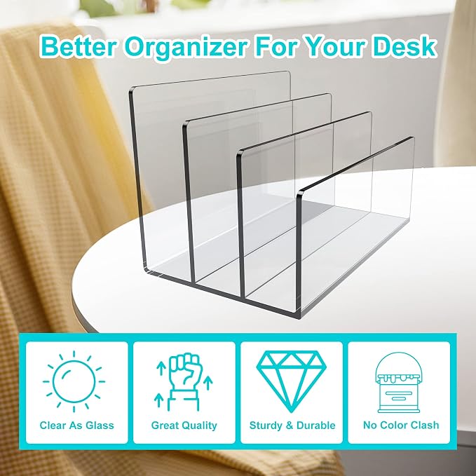 Boloyo Acrylic File Holder,2PC 3 Sections Clear File Organizer Mail Letter Sorter Desktop Folder Holder for Home Office School Envelope Bill Filling Paper Document