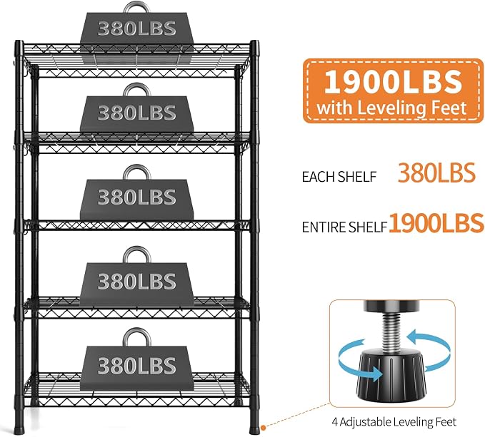 Hodonas Wire Shelving, 1900lbs Capacity 5 Tier Heavy Duty NSF Wire Shelf with Rolling Wheels Black Metal Storage Shelves Adjustable Wire Rack Unit 36"W x 14"D x 72"H for Kitchen Bathroom Garage Closet | 5 Tiers, Adjustable Metal Shelves, with Leveling ...