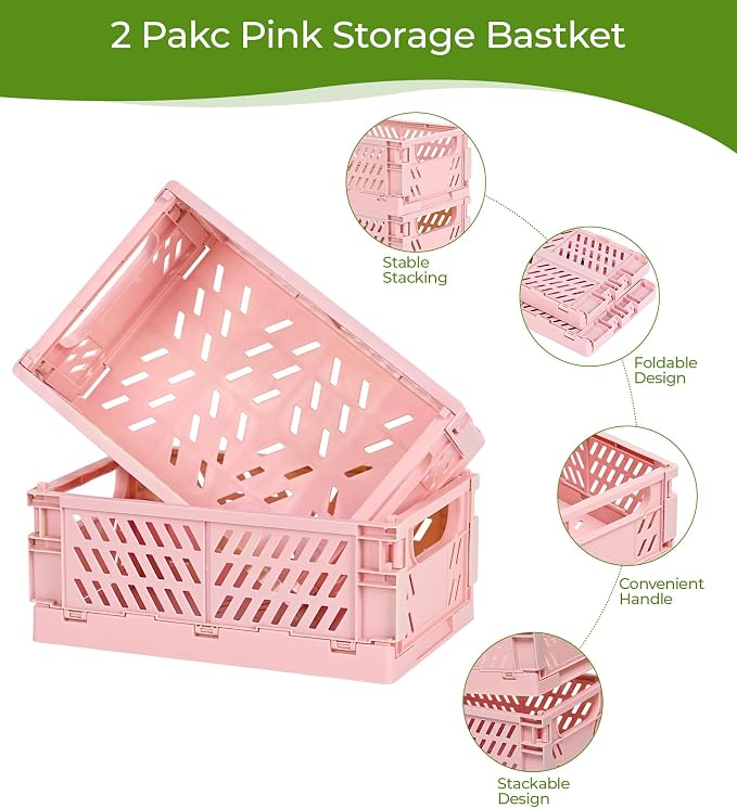 HUUSMOT 2-Pack Collapsible Plastic Storage Baskets, Pink, 9.8"x6.5"x3.8" | Pastel, Space-Saving, Collapsible Plastic Bins, Cute Mini Storage Crates, for Classroom, Kitchen, Office, Bedroom