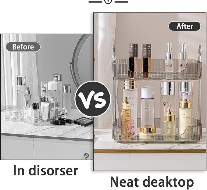 2 Tier Bathroom Counter Organizer Countertop Storage, Cosmetics Skincare Shelf Organizer, Makeup Organizer Perfume for Dresser Vanity Tray, Spice Rack Organizer for Kitchen (Grey)
