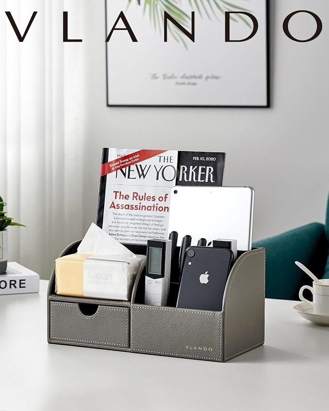 VLANDO Desk Organizer with Drawer for Office, Vanity and Nightstand, Grey | Leather caddy with compartments and drawer organizes office supplies, makeup and bedside essentials in one station