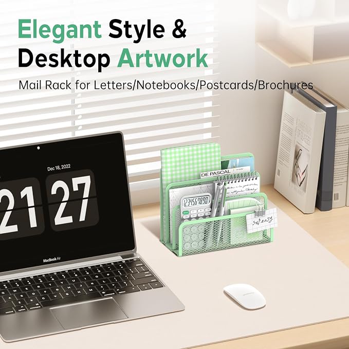 SUPEASY Mail Organizer for Desk, Mesh Metal Mail Holder Countertop with 3-Slot, Letter Sorter File Holder, Office Envelope Organizer for Mails (Mint Green)