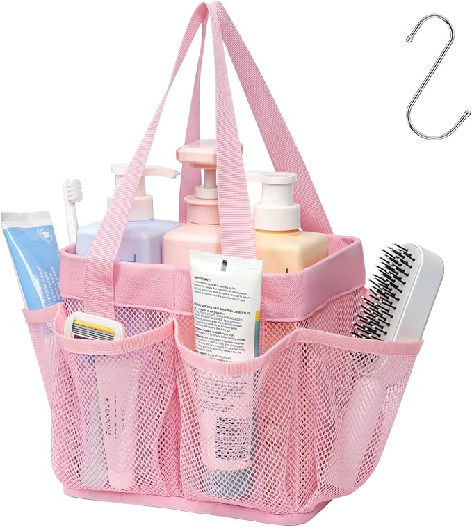 F-color Mesh Shower Caddy Portable - Stand Up 8 Pockets for Dorm, Pink | Stand Up Frame, S Hook, Collapsible Organizer, Mesh Shower Bag Bathroom Tote for College Dorm, Camping, Gym, Travel