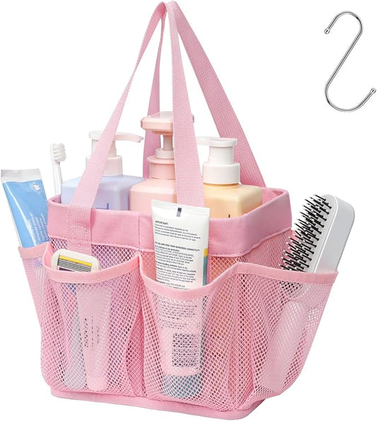 F-color Mesh Shower Caddy Portable - Stand Up 8 Pockets for Dorm, Pink | Stand Up Frame, S Hook, Collapsible Organizer, Mesh Shower Bag Bathroom Tote for College Dorm, Camping, Gym, Travel