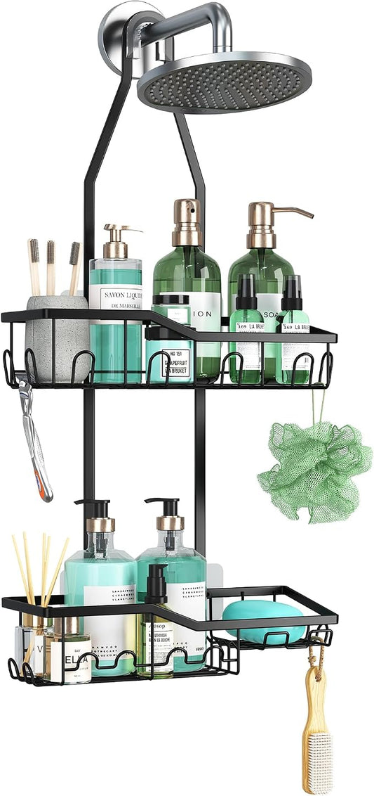 Shower Caddy Hanging,Rustproof Anti-Swing Shower Organizer,2 Tier Hanging Bathroom Caddy Anti-swing and Non-slip,Bathroom Organizer with 18 Hooks for Razor/Sponge (Black, Large)