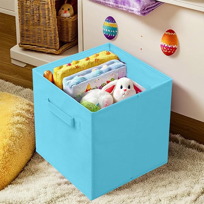 PowerKing Collapsible Storage Cubes, Farbic Storage Bins, Blue, 2 Pack | Sturdy, Lightweight, Easy Pull Handle, Closet & Shelf Organizer, Clothes and Toys Storage, 10.5'' x 11'' x 10.5''