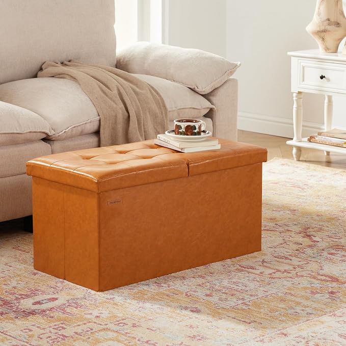HAUSFRAU Ottoman with Storage Bench Folding Foot Rest Stool Cognac Brown | 30", Flip Lid, Upholstered Foldable Footrest Footstool, Bedroom Bench, Living Room Dorm Ottoman, Rectangle