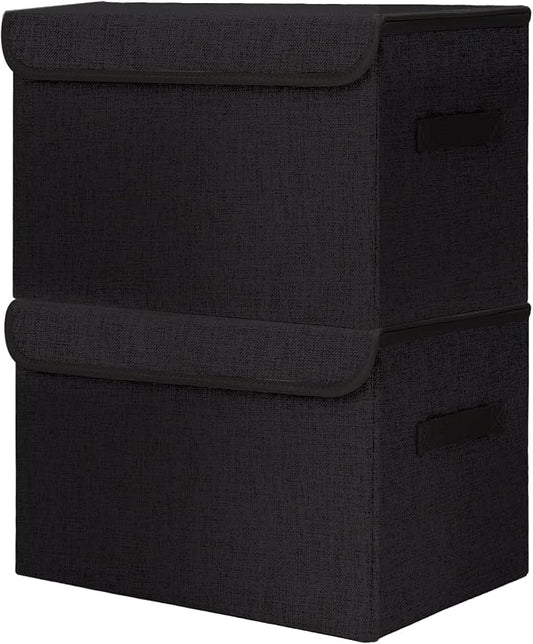 Bagnizer Large 42 Quarts Fabric Storage Bins with Lids [2-Pack] Linen Collapsible Foldable Storage Cubes, Closet Organizer Containers boxes with Handles for Home Office (16.7 x 12 x 12, Black)