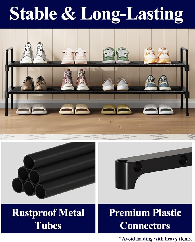 Kitsure Long Shoe Rack for Closet, 36.1" Wide - 2 Tiers, Black | Shoe Organizer for Front Door Entrance, Stackable Shoe Shelf, Closet Organizers and Storage