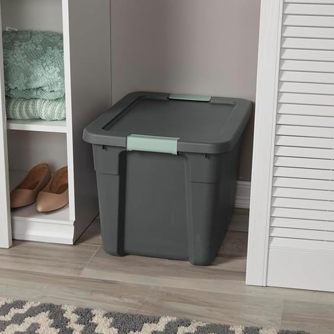 Sterilite 24 Pack Latch Tote, Stackable Plastic Storage Container, 12 Gallon, Gray/Green