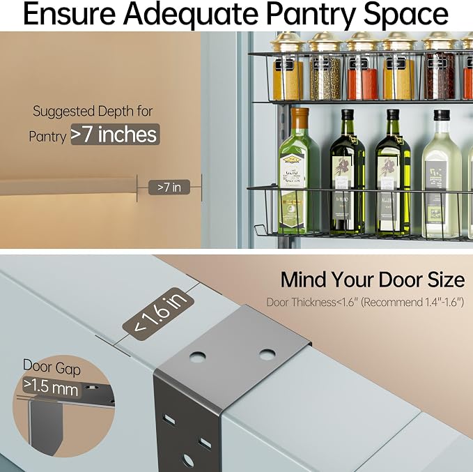 Delamu Adjustable Cabinet Door Organizer, 6 Tier Hanging Spice Rack | Metal Over the Door Pantry Organizer, Pantry Organizers and Storage Shelves for Kitchen Bathroom Laundry Room, Black
