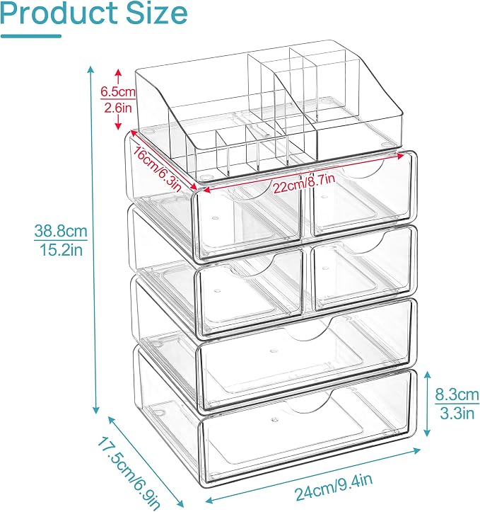 Vtopmart 5 Tier Clear Makeup Organizer with 6 Drawers | Smart Storage Layout, Clear for Better Visibility, Stackable, Large Capacity, for Makeup Lipstick Brush Skincare