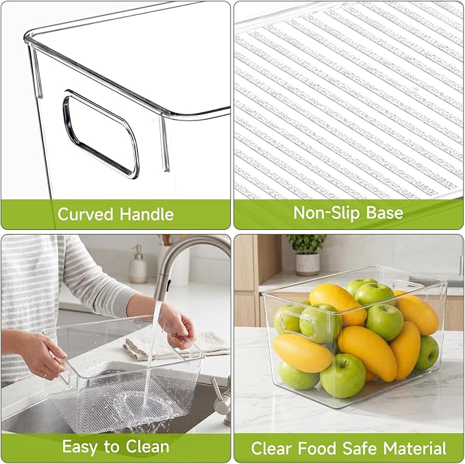 YKIOKE 8 Pack Clear Plastic Storage Bins with Handles,4 Large and 4 Small Stackable Organizer Containers for Kitchen, Countertops, Cabinets, Fridge, Drinks, Fruits, Vegetable, Cereals