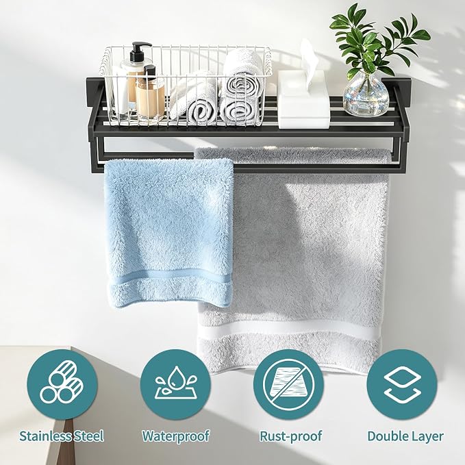 STWWO Towel Racks for Bathroom Wall Mounted, 24 Inch Black Double Towel Bar | Dual Towel Rack with Shelf, Double Towel Bar with Shelf, Stainless Steel Hand Towel Hanger, Bath Towel Holder for Wall