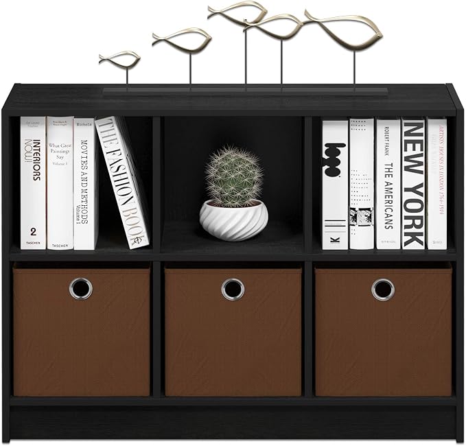 Furinno BASIC Book Shelf, 6-Cube Bookshelf with Open Shelf, 3 x 2 Bookcase with Storage Bins, Closed Back, Horizontal, 11.9 x 31.6 x 23.6, for Living Room, Bedroom, Home Office, Americano