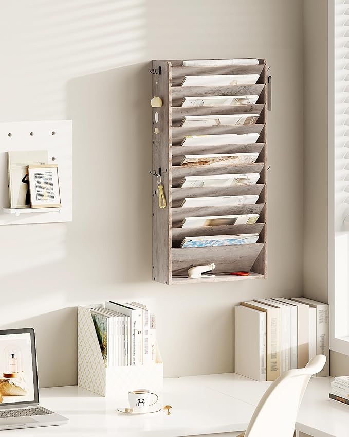 CHOEZON Wall File Organizer, 10-Tier Hanging Mail Organizer, Wall Mount File Holder with 4 Side Hooks, Industrial Mail and Storage Organizer, Wooden Vertical Hanging Holder for Office, Greige MWJ03FH
