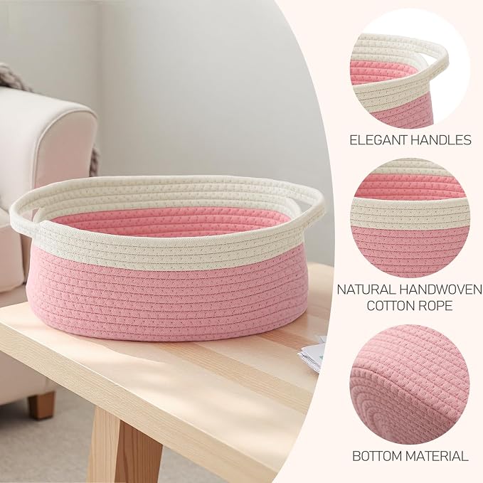 JMvicyroam Small Woven Basket, Empty Gift Basket, White&Pink/2 Pack | Small Gift Basket, Cotton Rope, 12 x 8 x 70 in, Handles, Includes Ribbon and Bag, Birthday Gift Basket