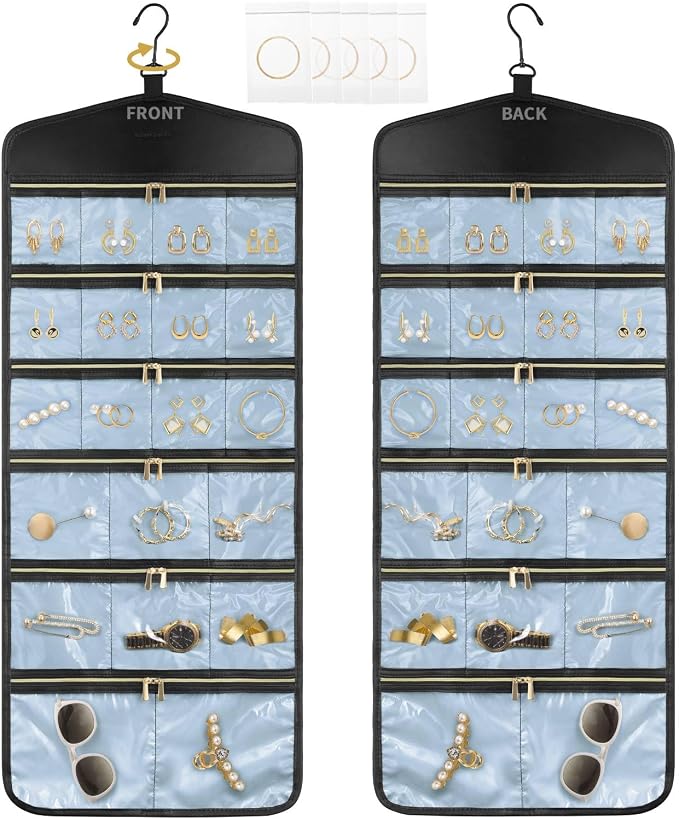 CHICECO Hanging Jewelry Organizer With Zippered Pockets,40 Pockets Travel Jewelry Organizer Storage for Cloest,Wall,Door (Blue)