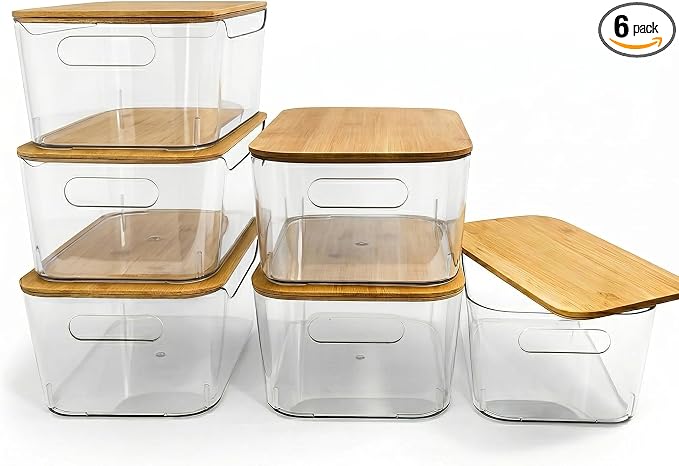 CiWiVOKi 6 Pack Clear Stackable Storage Bins with Bamboo Lids, 3.7L BPA-Free Plastic Organizer Containers with Handles, for Pantry, Kitchen, Fridge, Bathroom, Cabinet & Closet Organization