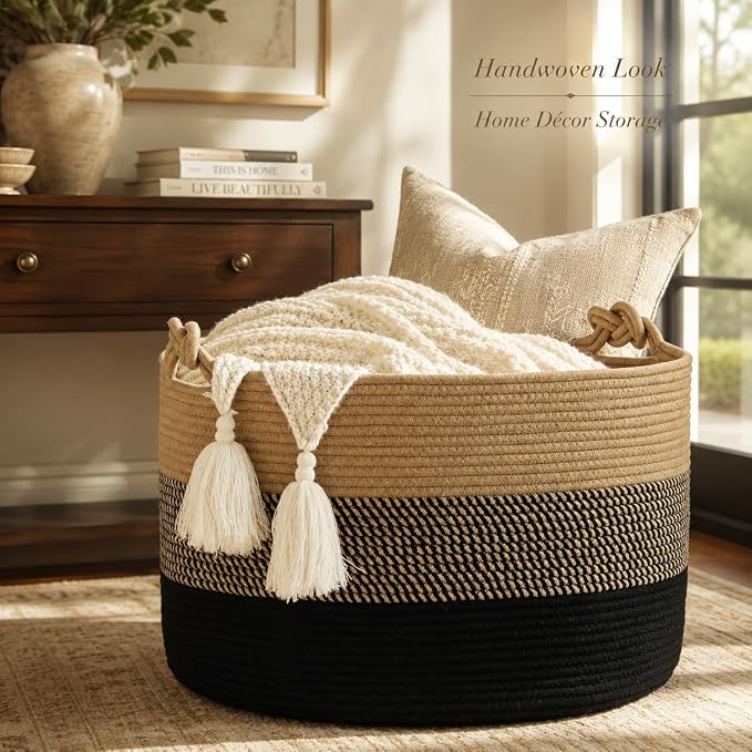 KAKAMAY Large Blanket Basket (20"x13"),Woven Rope Baskets for storage Baby Laundry Hamper, Cotton Rope Blanket Basket for Living Room, Laundry, Nursery, Pillows,Baby Toy chest (Jute/Black)