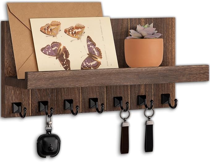 Key Holder for Wall, Decorative Key Holder with Shelf, Key and Mail Holder Wall Mount, Farmhouse Decor with 7 Key Hooks for Keys, Coats, ect.