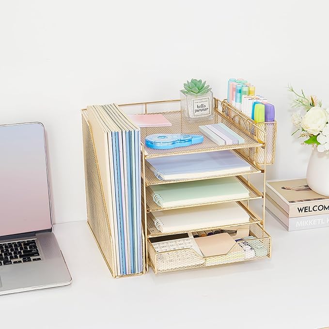 Desk Organizers and Accessories, 5-Tier Paper Letter Tray Organizer with File Holder, Drawer & Pen Holder, Office Desk Accessories, Desktop Organizer for Classroom Office Supplies, Gold