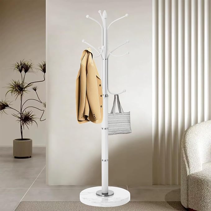 OIRUMIE Coat Rack,Coat Rack Freestanding with 12 Hooks for Entryway,Corner | Metal Coat Rack Stand with Natural Marble Base, White Modern Coat Hanger Stand, Clothes Hall Tree Stand for Hallway