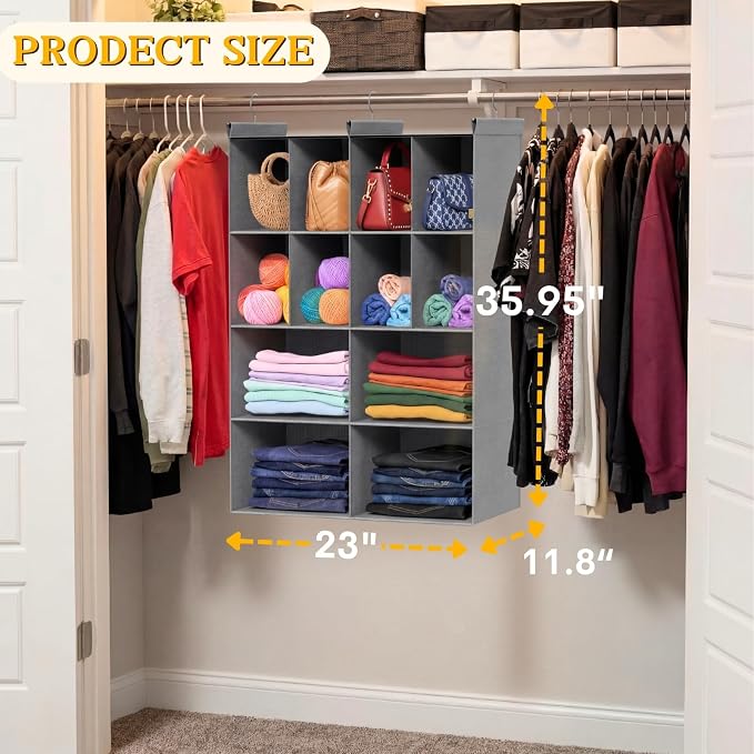 4 Tier Hanging Closet Organizer, 12 Compartments Dual Row Storage, Grey | Closet Organizers and Storage with Large & Small Cubbies, 3 Sturdy Hooks Support Heavy Loads, for Dorm, RV, Garment Rack