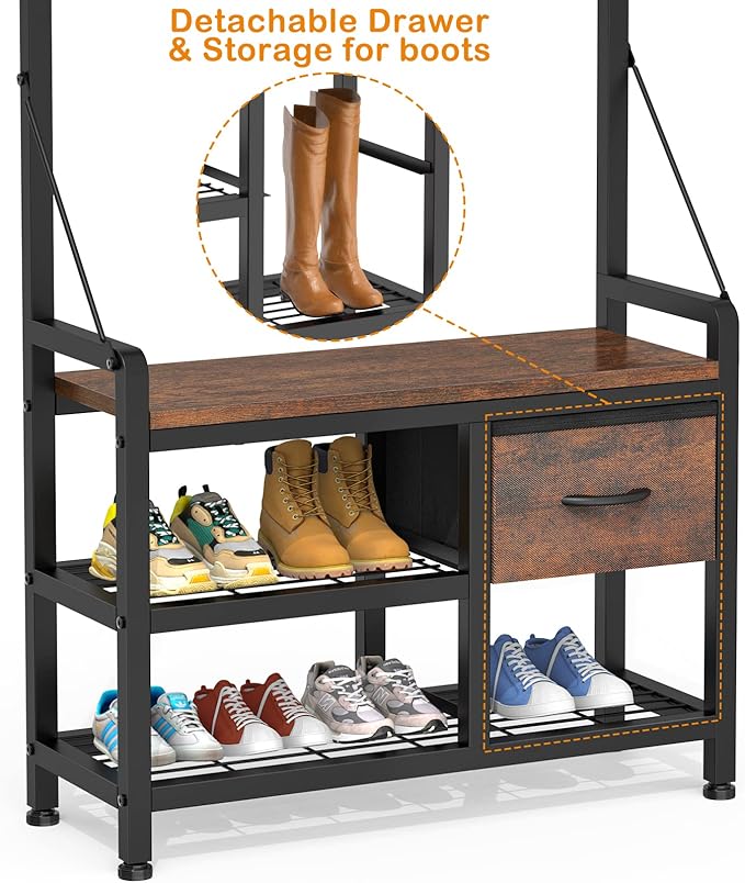 Hall Tree with Bench and Shoe Storage, 31.5” Coat Rack Freestanding | Rustic Brown, 5 in 1 Intelligent Design, 17 Hooks, 2 Drawers, Handy Clothes Rail