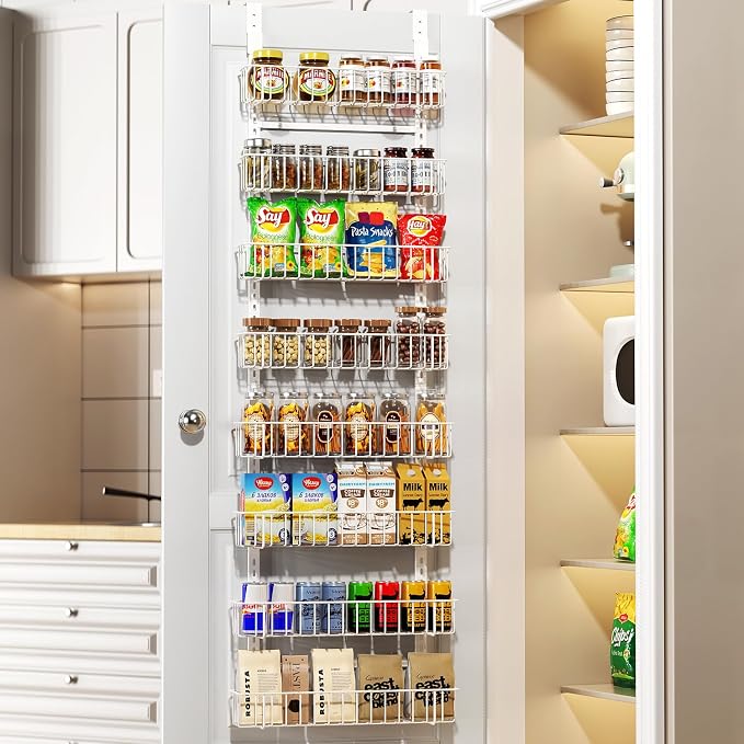 Delamu Adjustable Cabinet Door Organizer, 8-Tier Hanging Spice Rack Organizer, Metal Over the Door Pantry Organizer, Pantry Organizers and Storage Shelves for Kitchen Bathroom Laundry Room, White