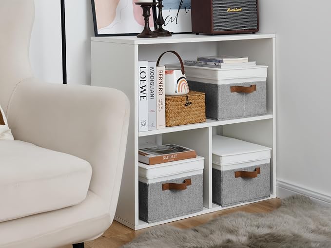 StorageWorks Fabric Storage Bins with Lids, Decorative Storage Bins with PU Handles, Foldable Storage Baskets for Closet, Shelves, Stackable and Sturdy Organization, Gray and White, Large, 3-Pack