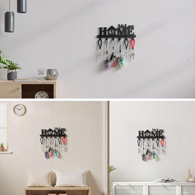 Key Holder Wall Mounted with Screws and Anchors, Black Multifunctional Key Hanger with 6 Hooks, Entryway Front Door Kitchen Hallway Garage Office