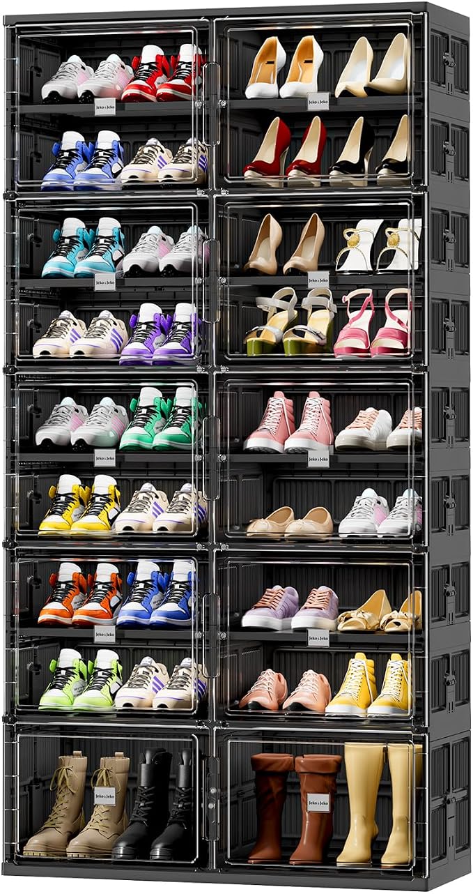 JEKO&JEKO 9 Tiers Foldable Boot Storage Shoe Rack Cabinet for Closet Entryway, Large Collapsible Shoe Organizer with Magnetic Doors (Black)
