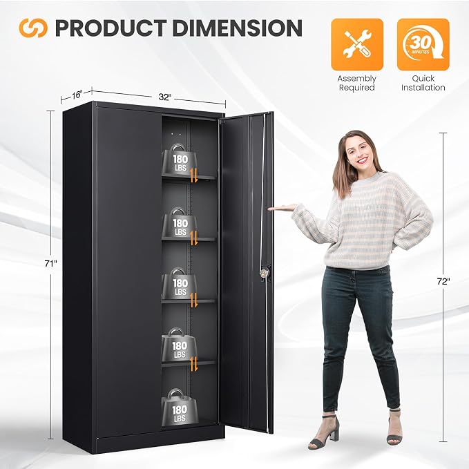 Metal Storage Cabinet with Lock,71" Black Garage Cabinet with 2 Doors and 4 Adjustable Shelves, Steel Locking Cabinets Tall Tool Storage Cabinet, Lockable File Cabinet for Home Office, Pantry