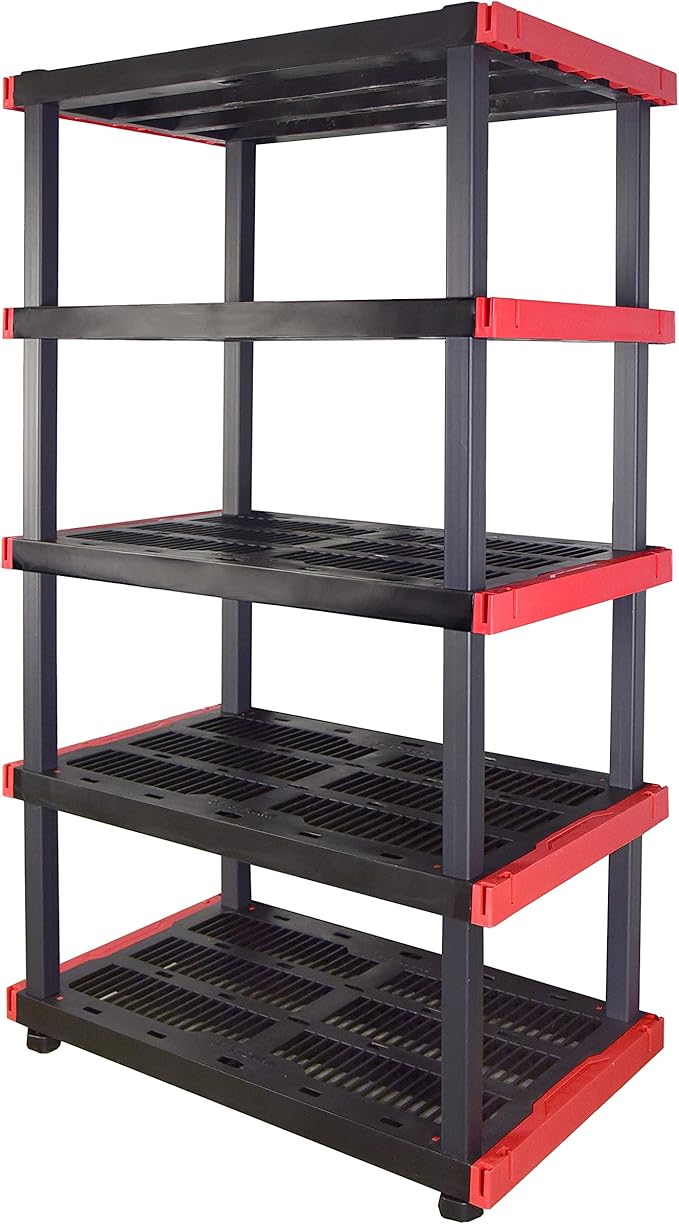 CX Craftsman 5-Tier Heavy Duty Plastic Storage Shelves, Garage Organization | 5-tier storage rack organizes garages, workshops & basements, 200 lb/shelf, 72.3H x 40W x 24D, easy assembly, black/red