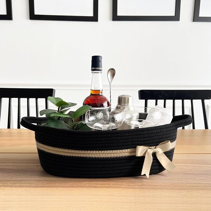CHICVITA Small Woven Gift Basket, Cotton Rope Storage Basket, Black & Brown | 13" x 10" x 5", Diapers, Toys & Towels Organization, Nursery, Bathroom & Home Decor, Built-In Handles