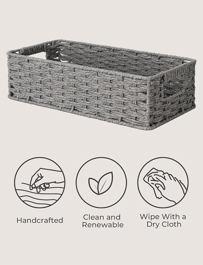StorageWorks Toilet Tank Basket for Bathroom, Wicker Storage Baskets, Gray | Paper Rope Toilet Paper Baskets for Back of Toilet Tank Top, Bathroom Basket Organizer with Built-in Handles for Storage