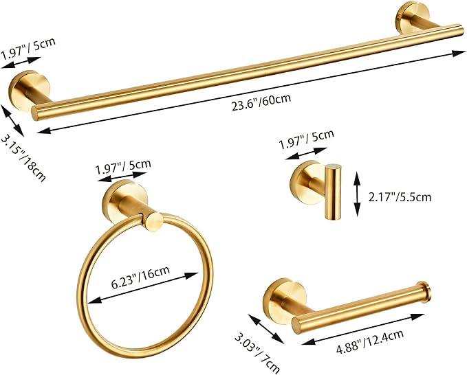 Brushed Gold Bathroom Hardware Set 5 Piece with Towel Racks for Bathroom, SUS304 Stainless Steel Bath Towel Bar Set, 24 Inch Wall Mounted Accessories Kit…